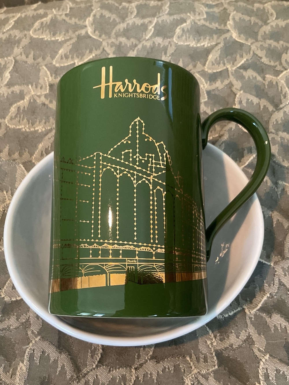 Harrods Knightsbridge Green Stoneware Mug with Gold Decoration Made in Scotland